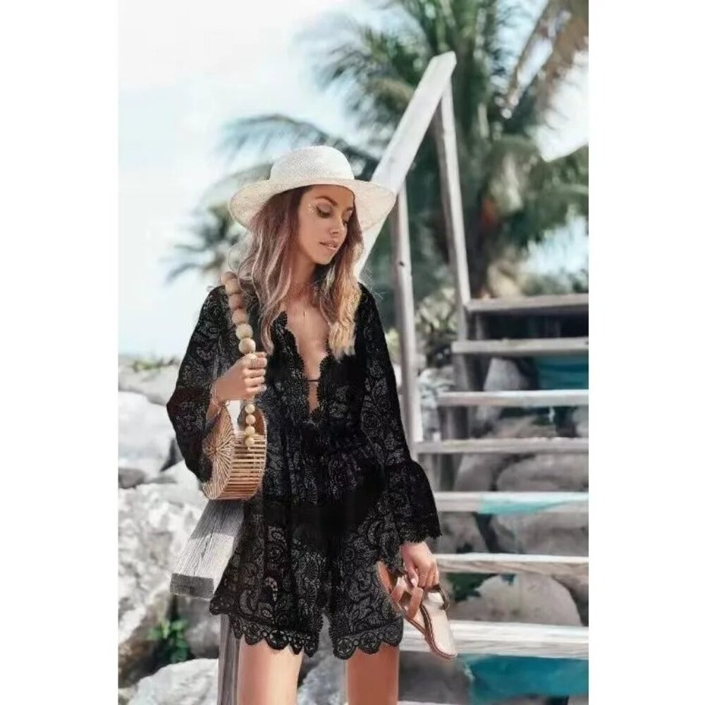 NEW Boho Gypsy XL Beach Goddess Swim Cover Up Black - Picture 2 of 13